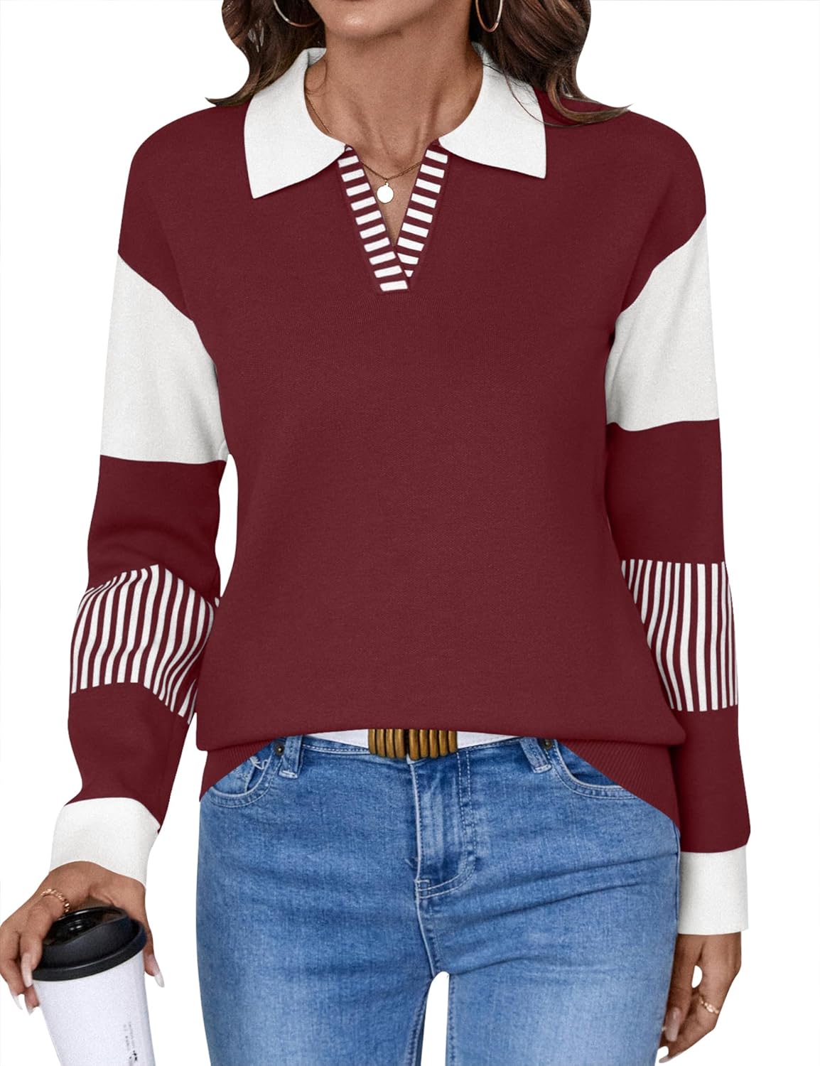 LOMON V Neck Long Sleeve Loose Sweaters for Stylish Comfort