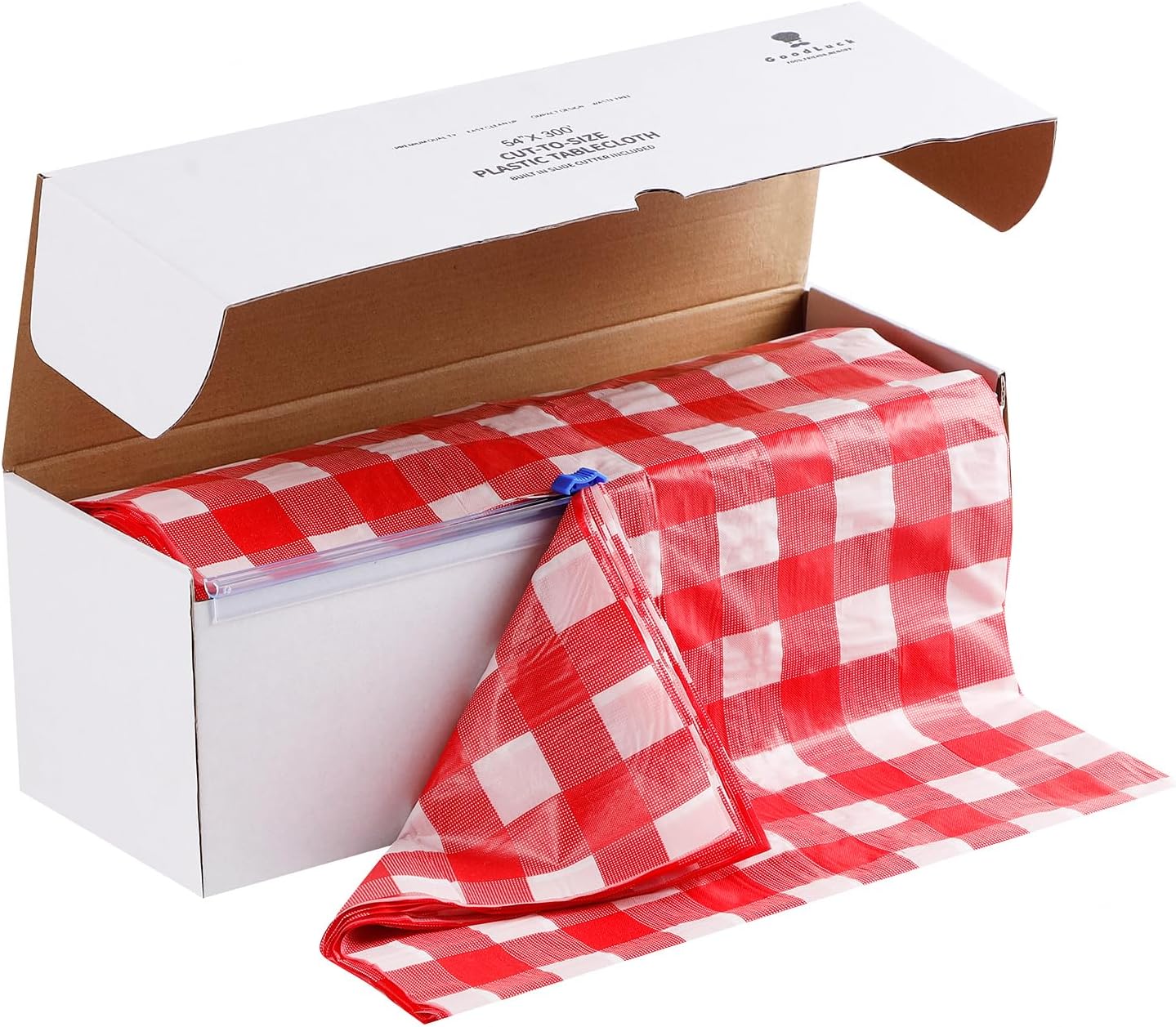 54 Inch Red Checkered Plastic Table Cloths with Cutter Box