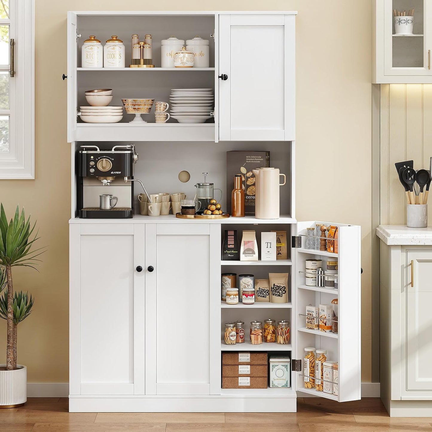 Modern White Kitchen Pantry with Mic Stand & Hutch