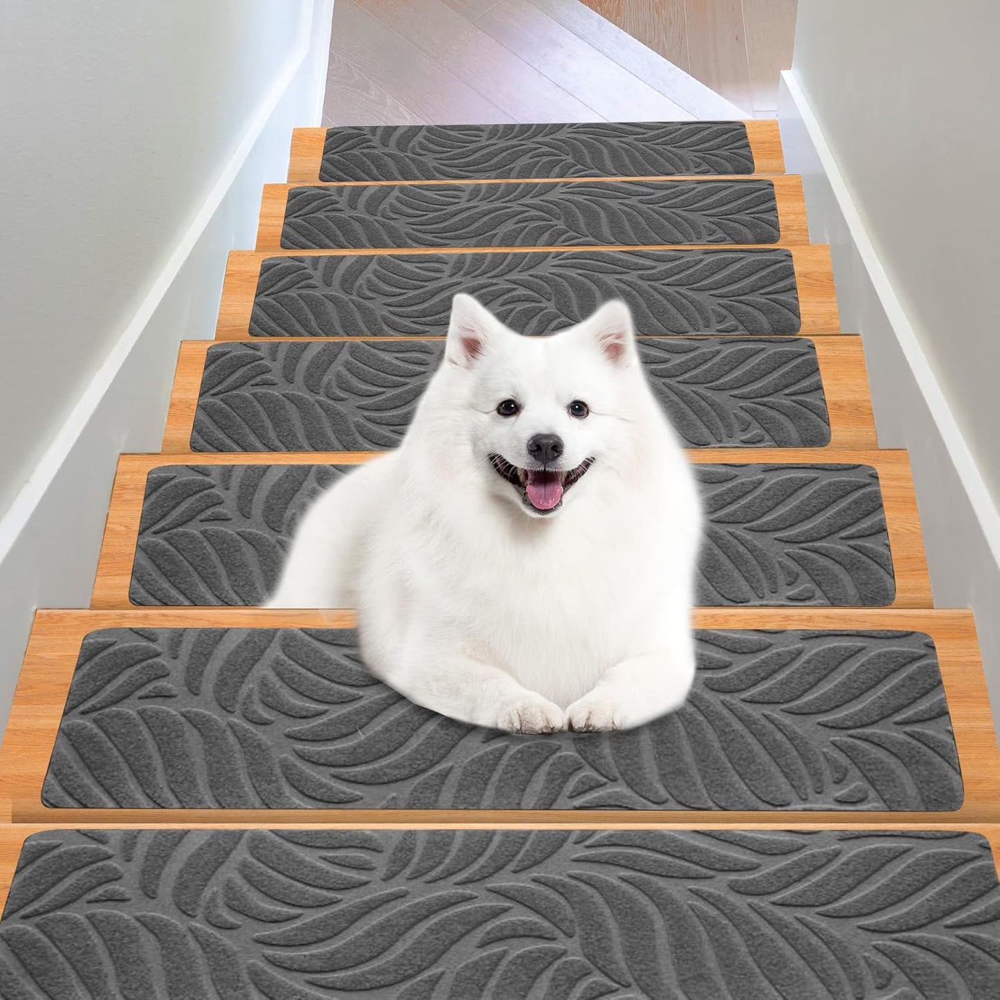 Non Slip Stair Treads for Wooden Steps - Set of 15 Leaf Grey