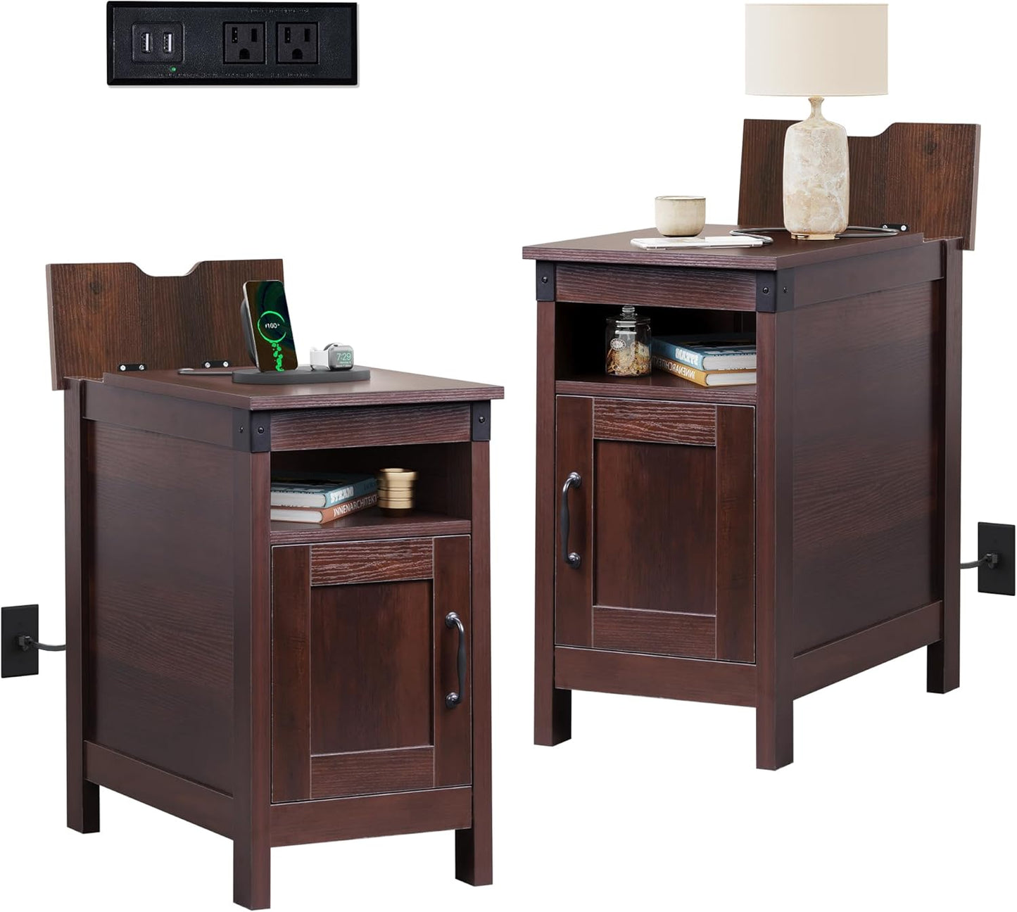 WLIVE Narrow End Table Set of 2 with Charging Station for Small Spaces