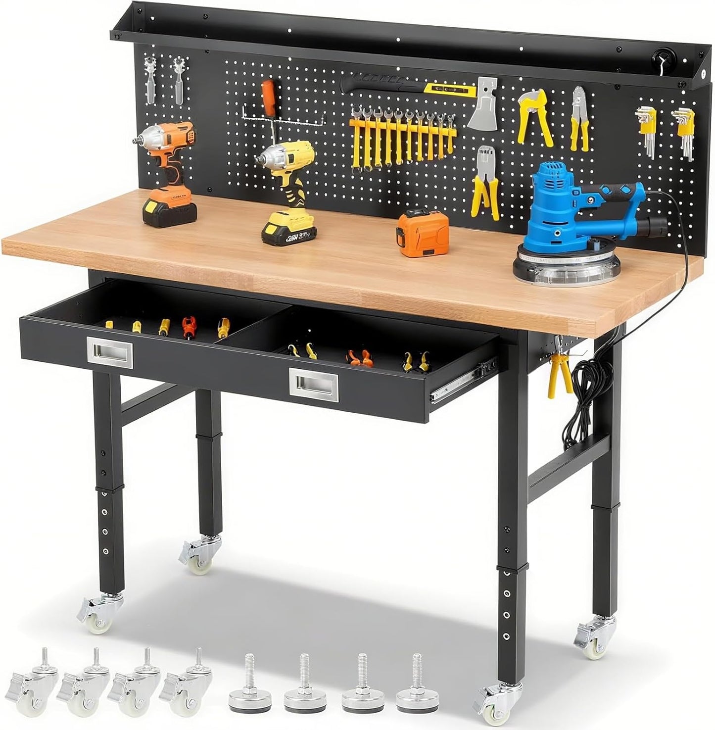 Workbench with Wheels 60 Inch Heavy Duty Rubberwood Tabletop