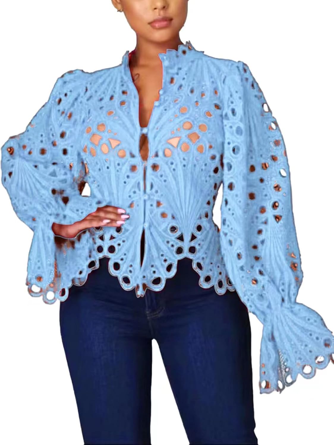 Doweha Womens Sexy Ruffle Long Sleeve Summer Lace Tops 2025