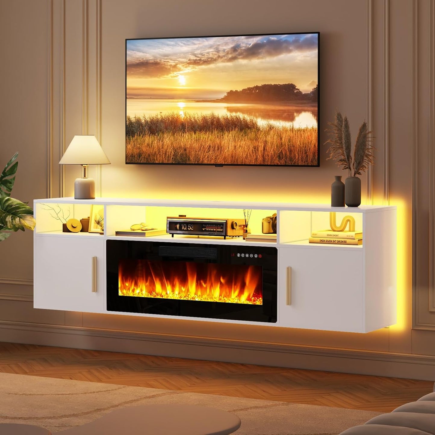 Modern 70'' Floating Fireplace TV Stand - LED Light Shelf