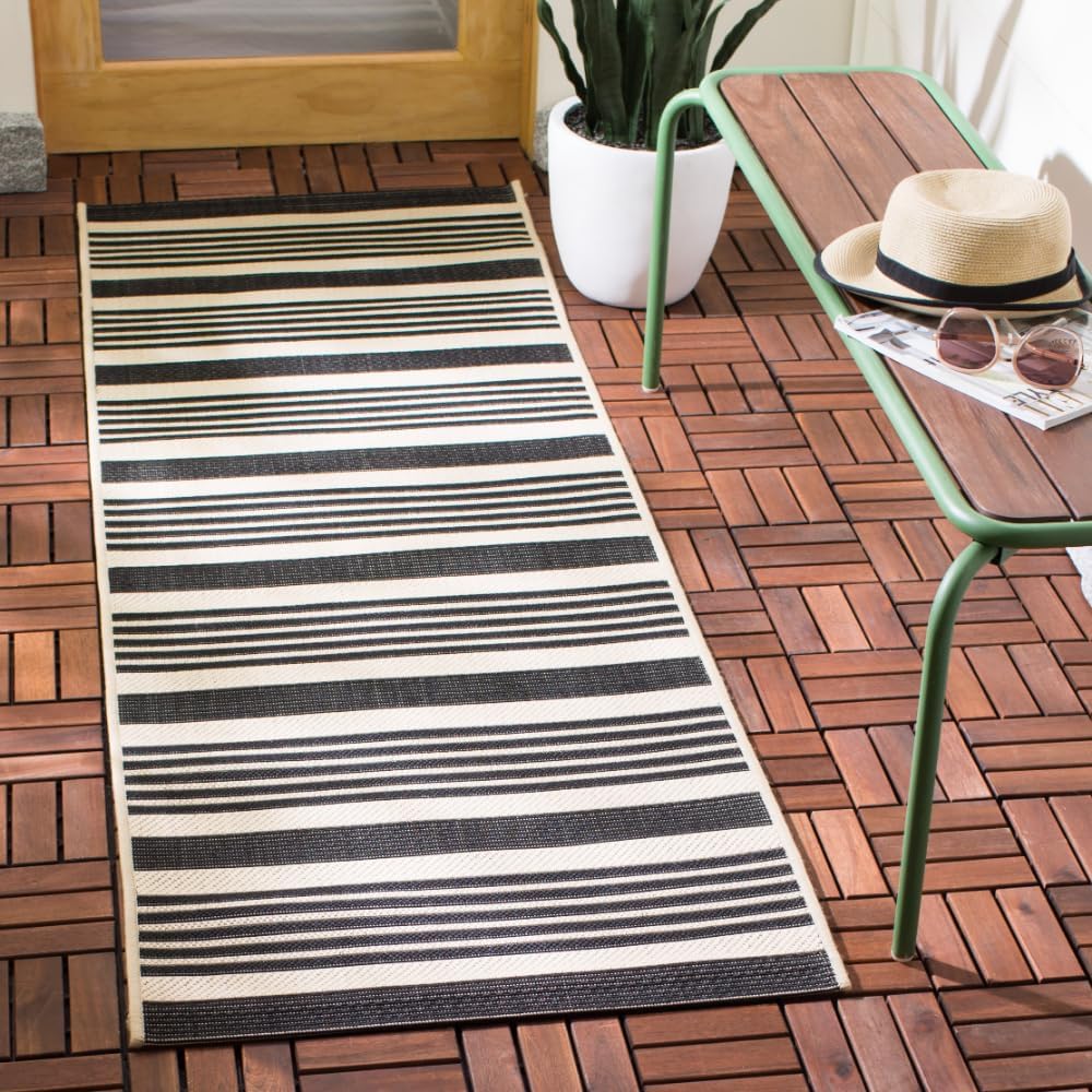 SAFAVIEH Courtyard Collection 2ft 3in x 20ft Black/Bone Runner Rug