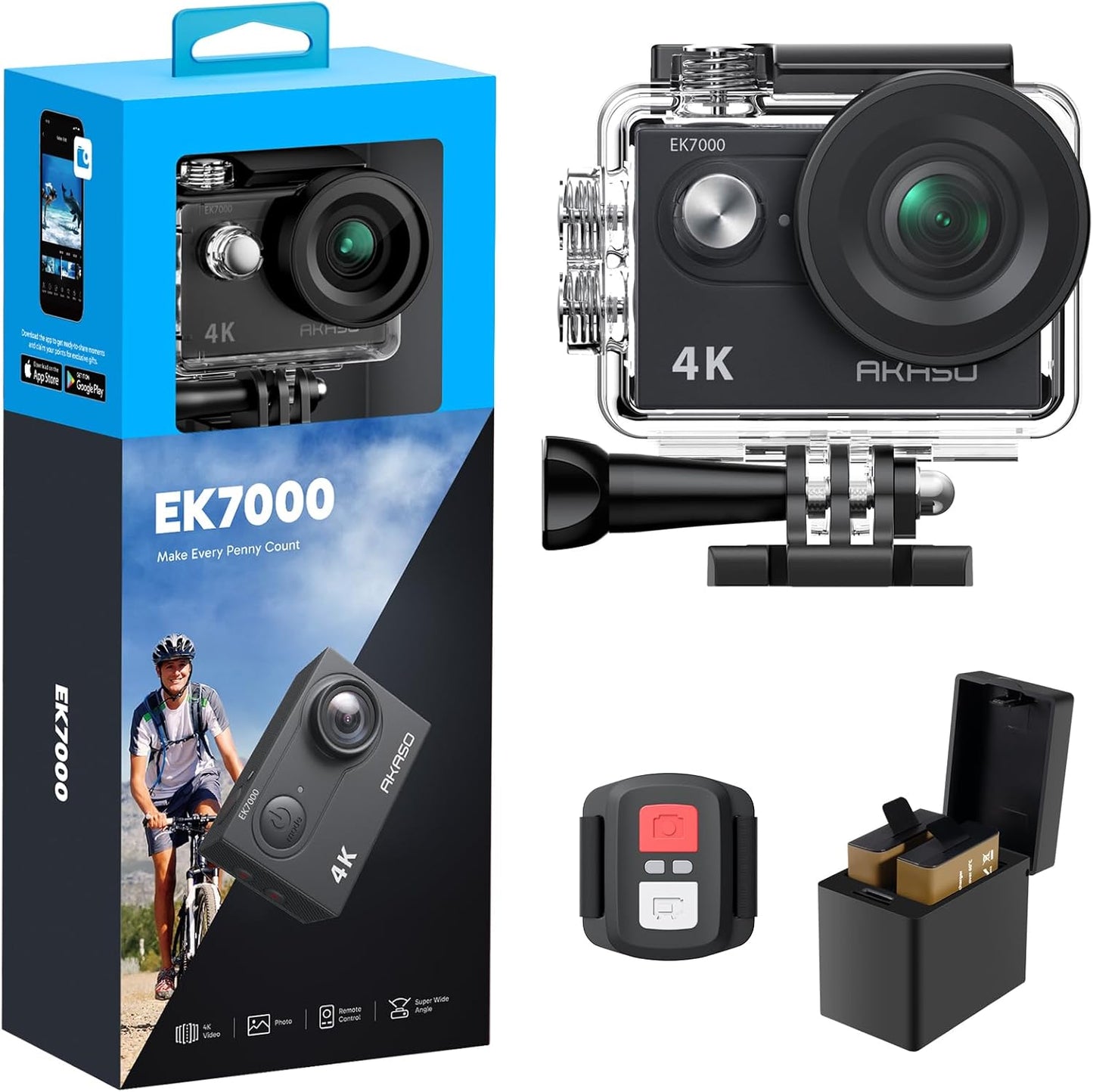 AKASO EK7000 4K Action Camera - EIS, Waterproof, Remote