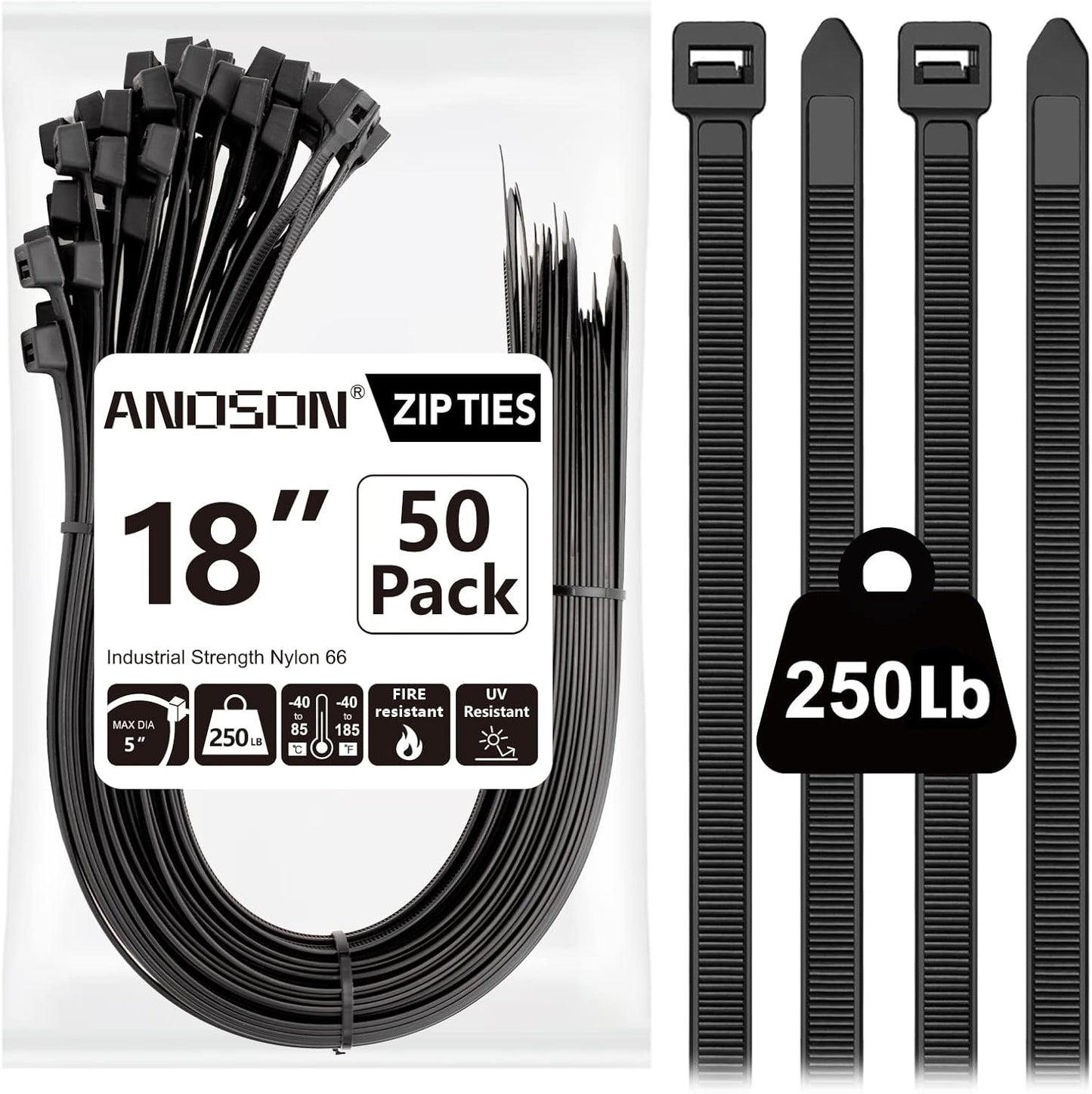 50 Pack Heavy Duty 20 Zip Ties, 250 lb Strength, Black - ANOSON