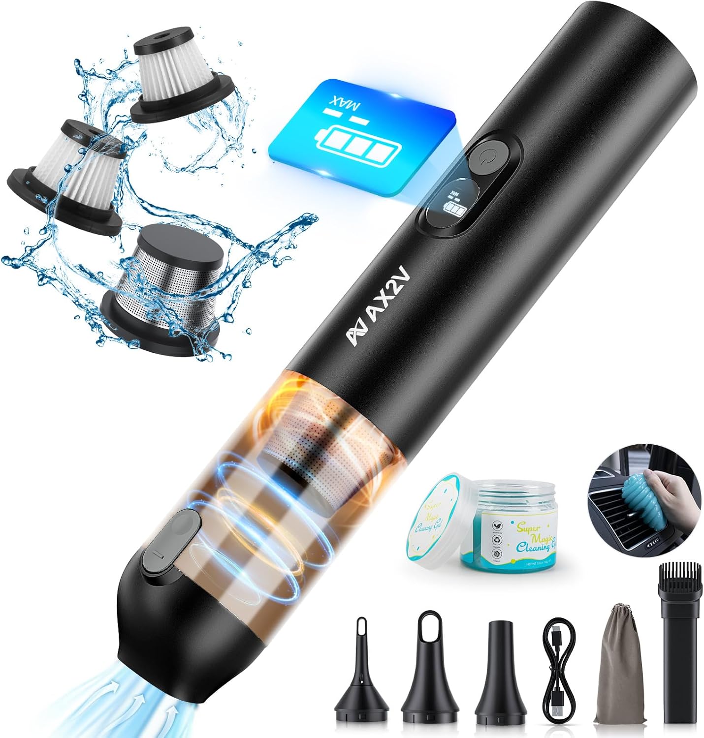 Powerful Cordless Car Vacuum with Cleaning Gel - Quiet & Portable - AX2V