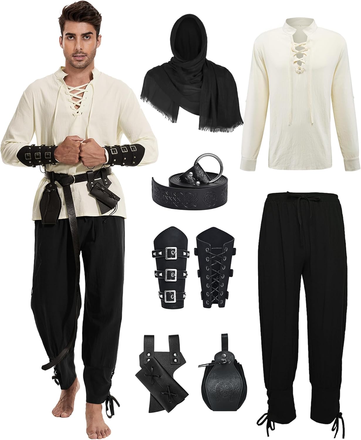 7 Pcs Medieval Pirate Shirt and Pants Viking Costume Set