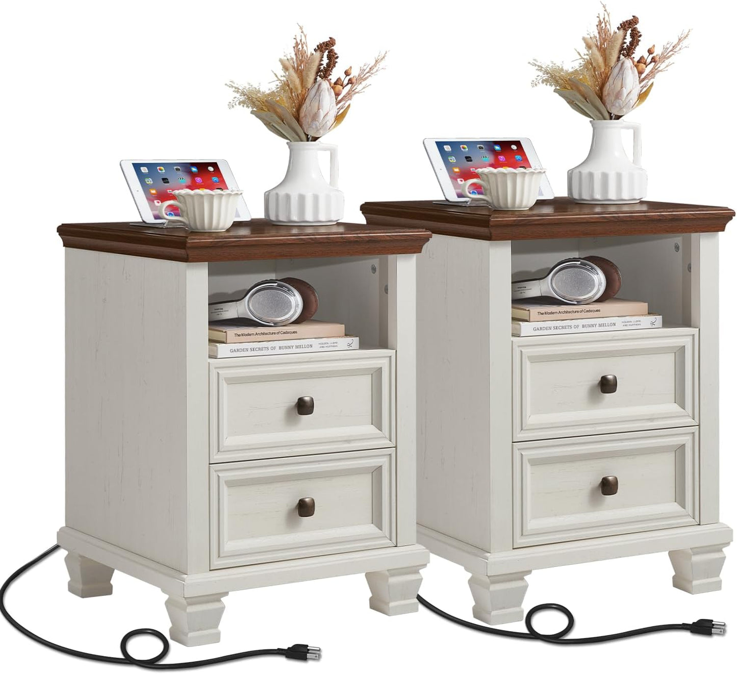 Farmhouse Nightstand Set of 2 with Charging Station for Your Home