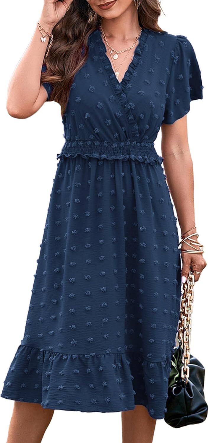 BTFBM Women Short Sleeve V Neck Swiss Dot Midi Summer Dress