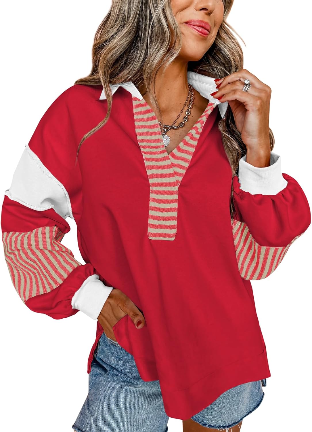 Comfy Striped V-Neck Sweatshirt by miduo