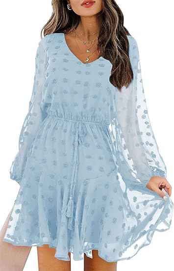 KIRUNDO Women's Fall Long Sleeve V Neck Flowy Mini Dress