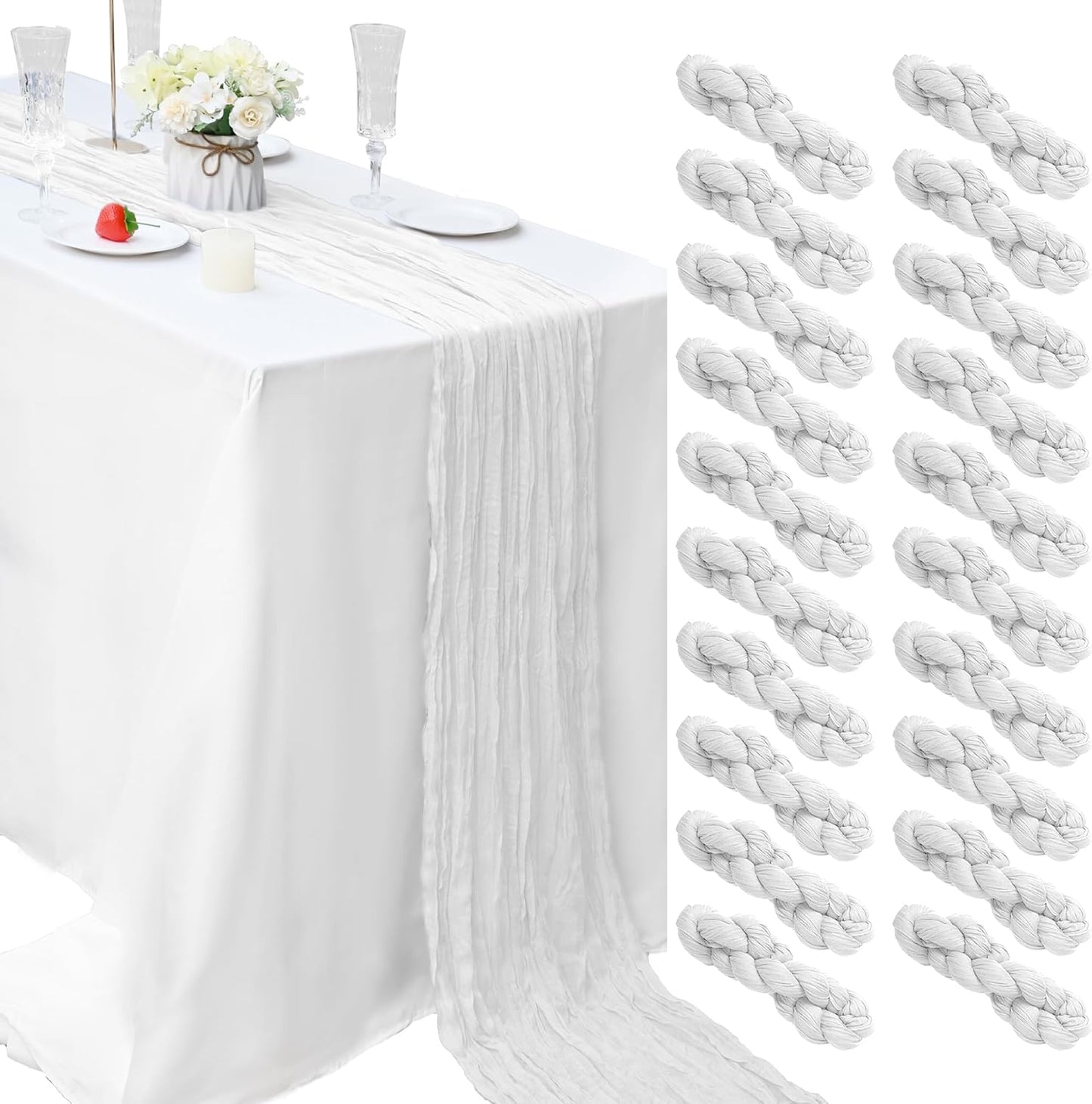20 Pcs White 10FT Cheesecloth Table Runner for Elegant Events