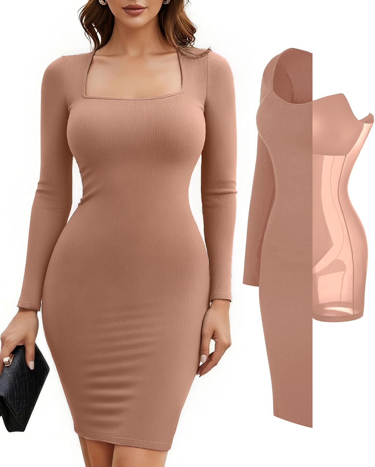 Popilush Long Sleeve Midi Bodycon Dress for Women with Tummy Control