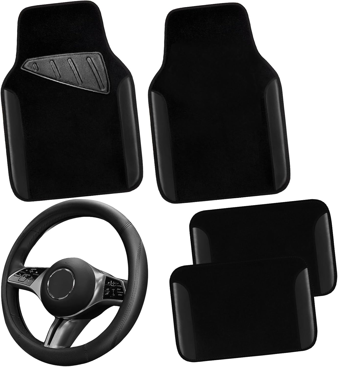 CAR PASS Microfiber Leather Steering Wheel Cover and Floor Mats