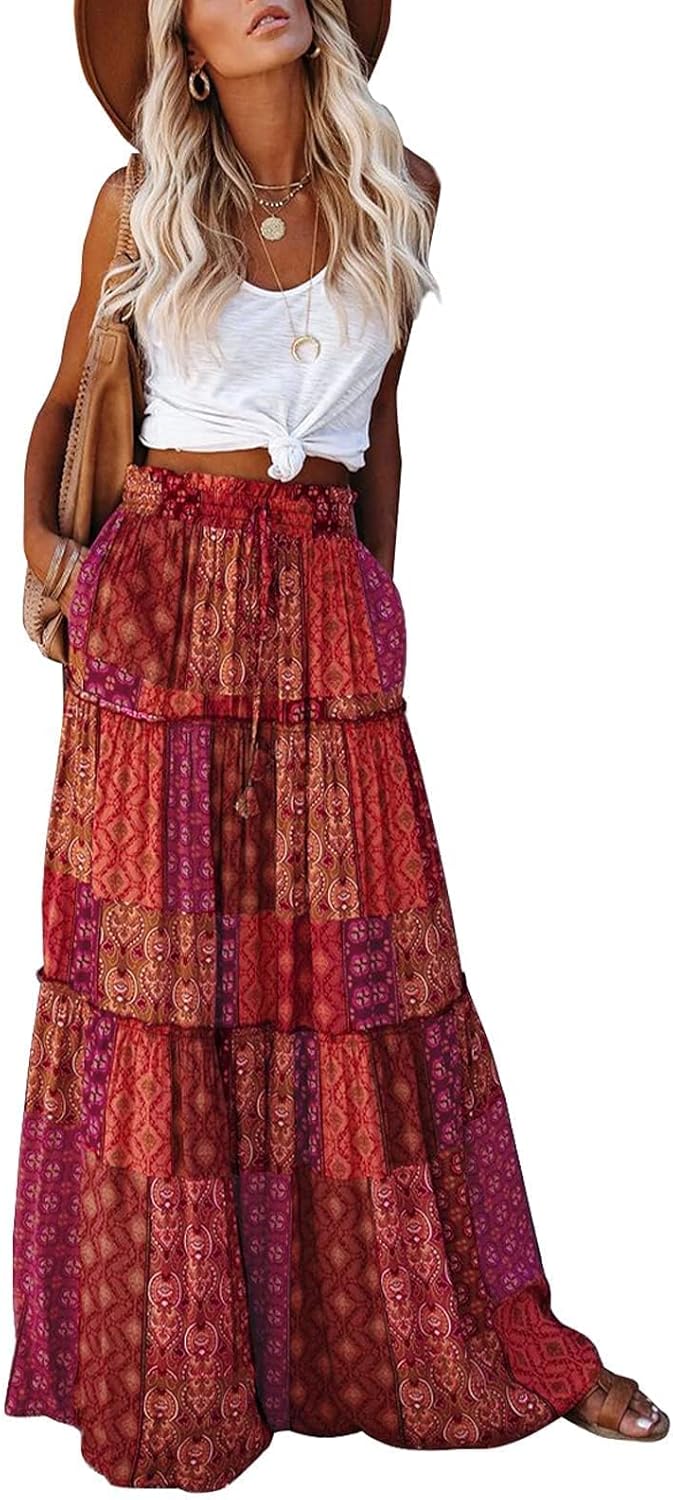 EARKOHA Womens Casual High Waist Tie Paisley Print Maxi Skirt