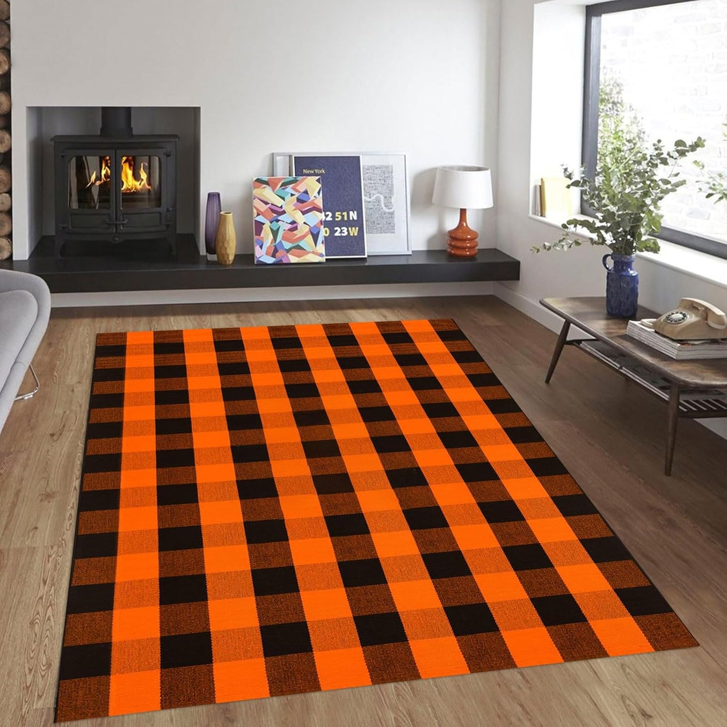 Fall Outdoor Rug Cotton Hand-Woven Buffalo Check for Entryway