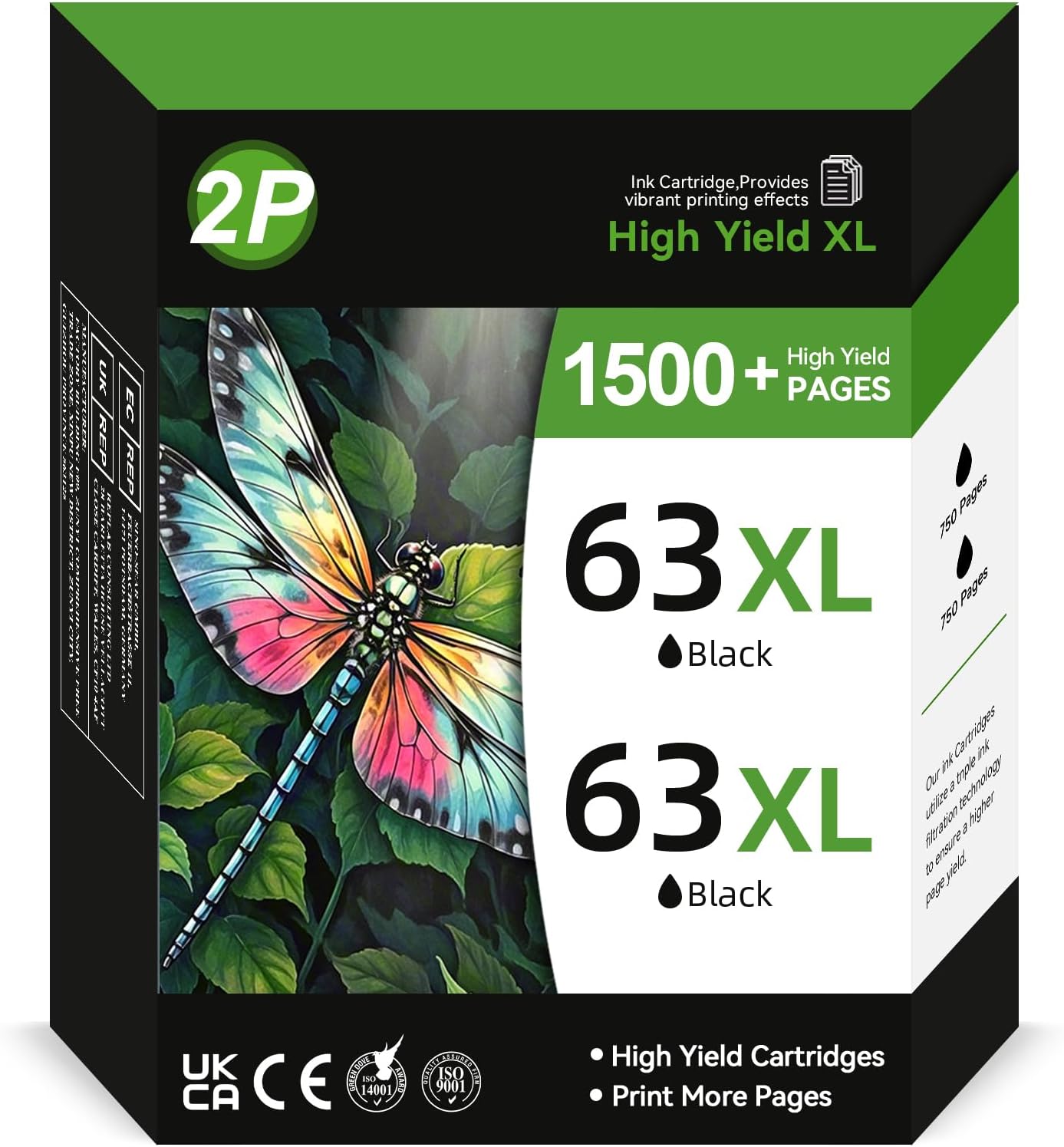 High Yield 63XL Black Ink Cartridge for HP Printers - 2 Pack