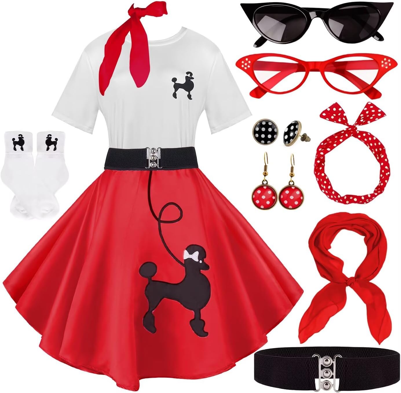 10Pcs Sock Hop Outfits Women with 1950s Poodle Skirts