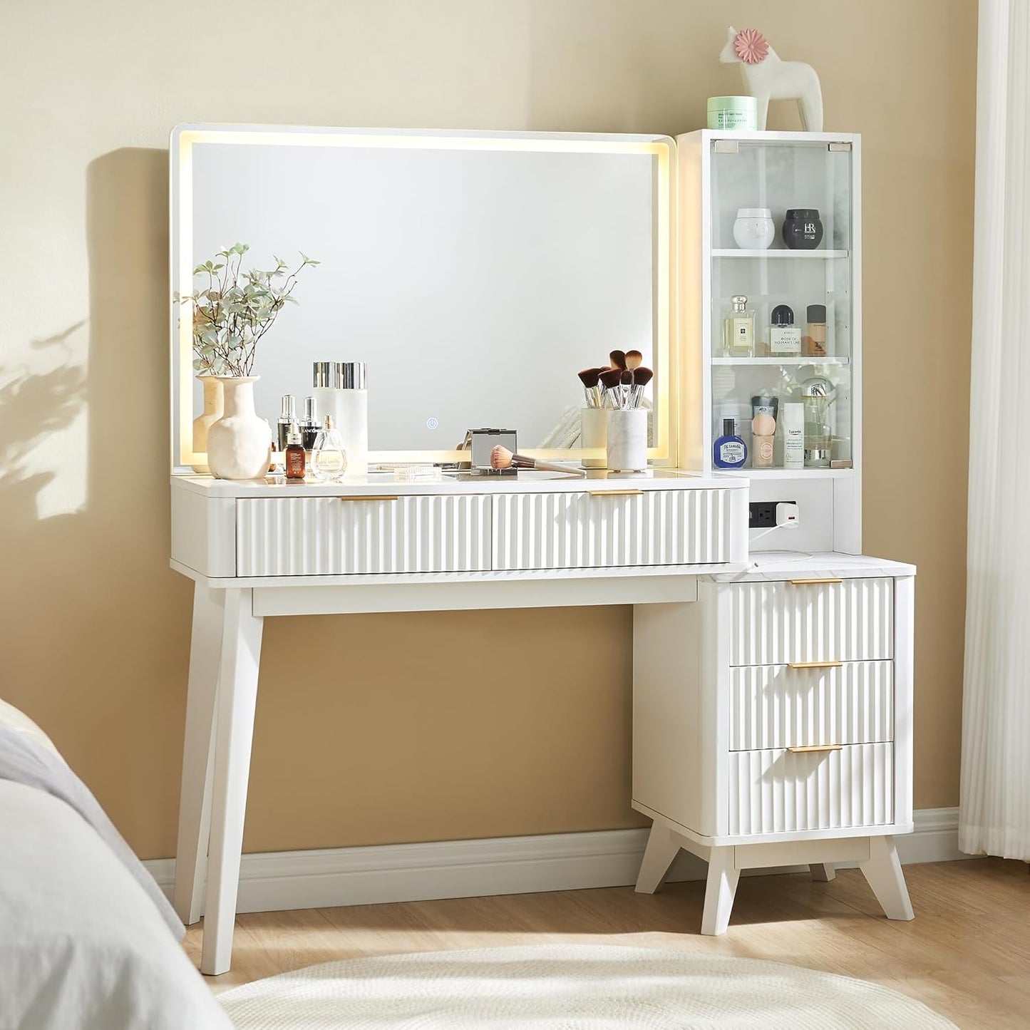 48 Glass Top Vanity Desk with Large Mirror & Lights