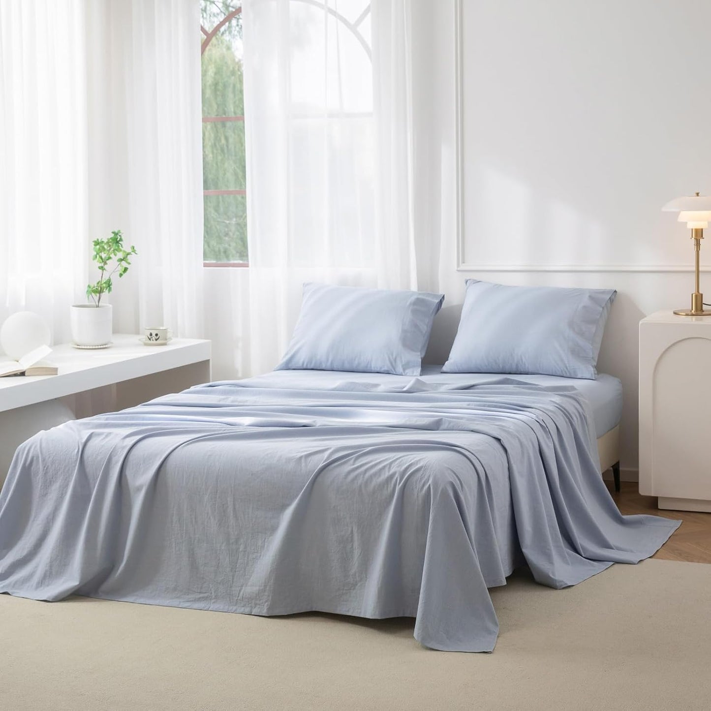 JIYUAN 100% Washed Cotton Sheet Set King Size for Comfort