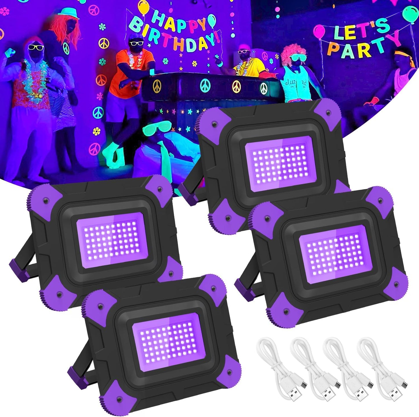 Rechargeable Black Lights for Fishing and Glow Parties - 4 Packs