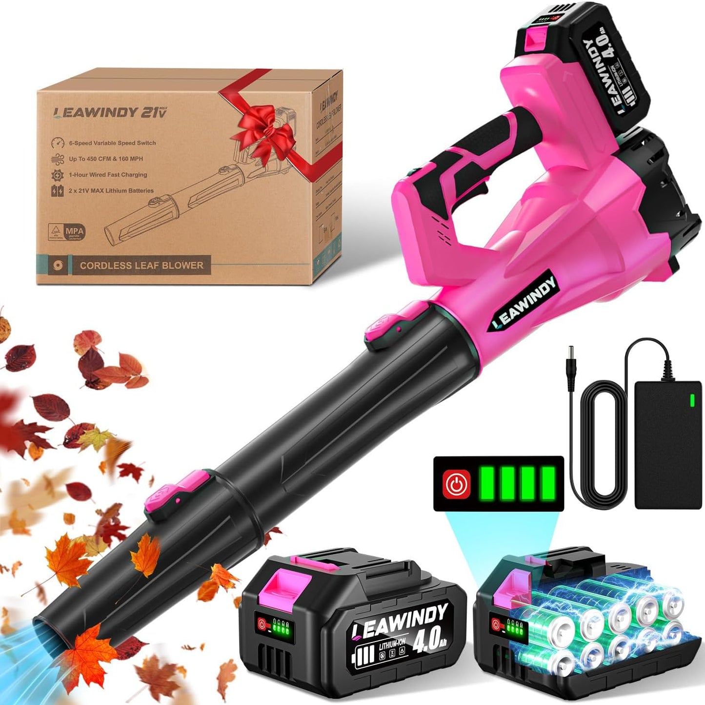 Cordless Leaf Blower with 6 Speeds and 2 Batteries for Easy Use