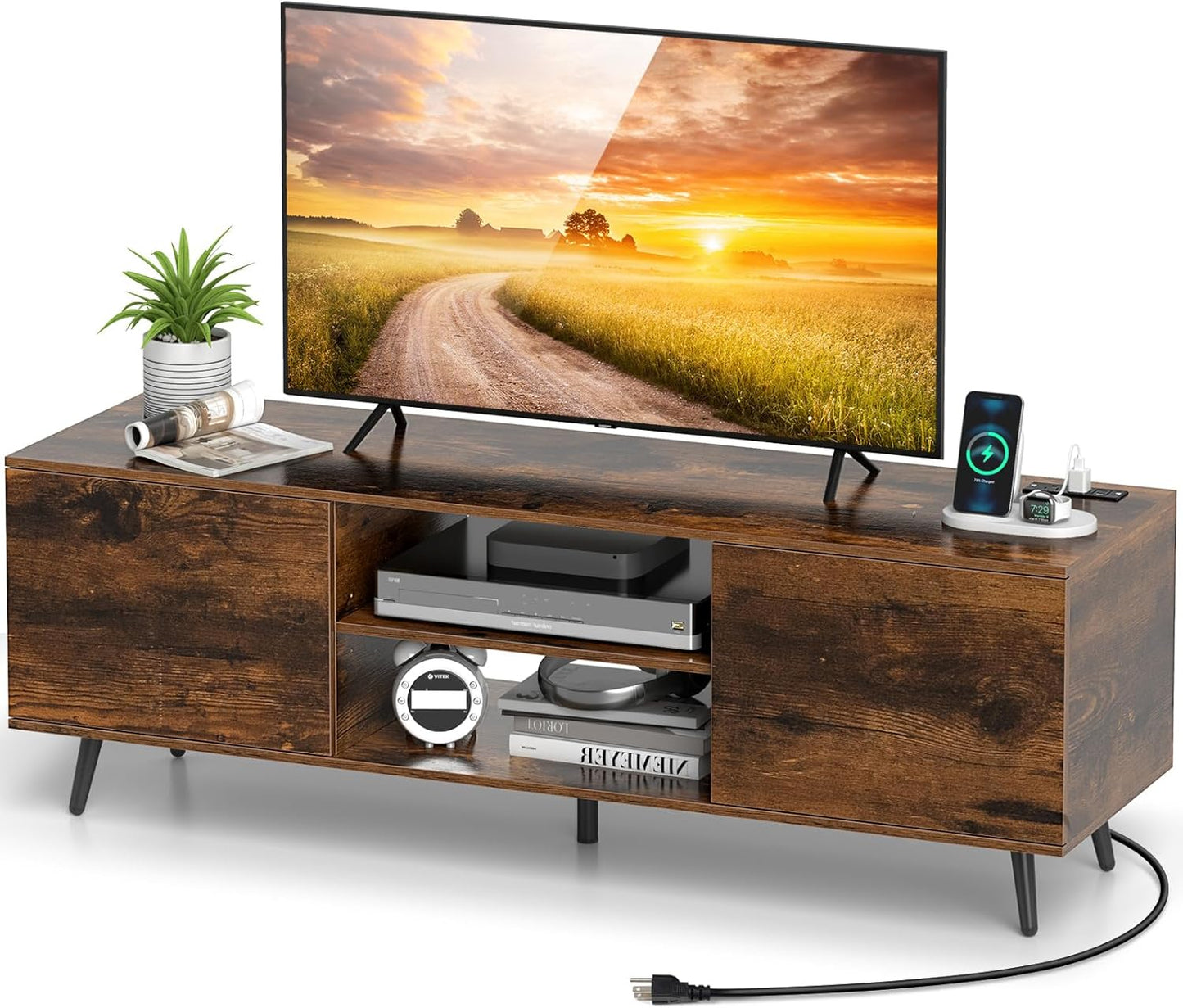 Tangkula 60 TV Stand w/ Power Outlets & Storage