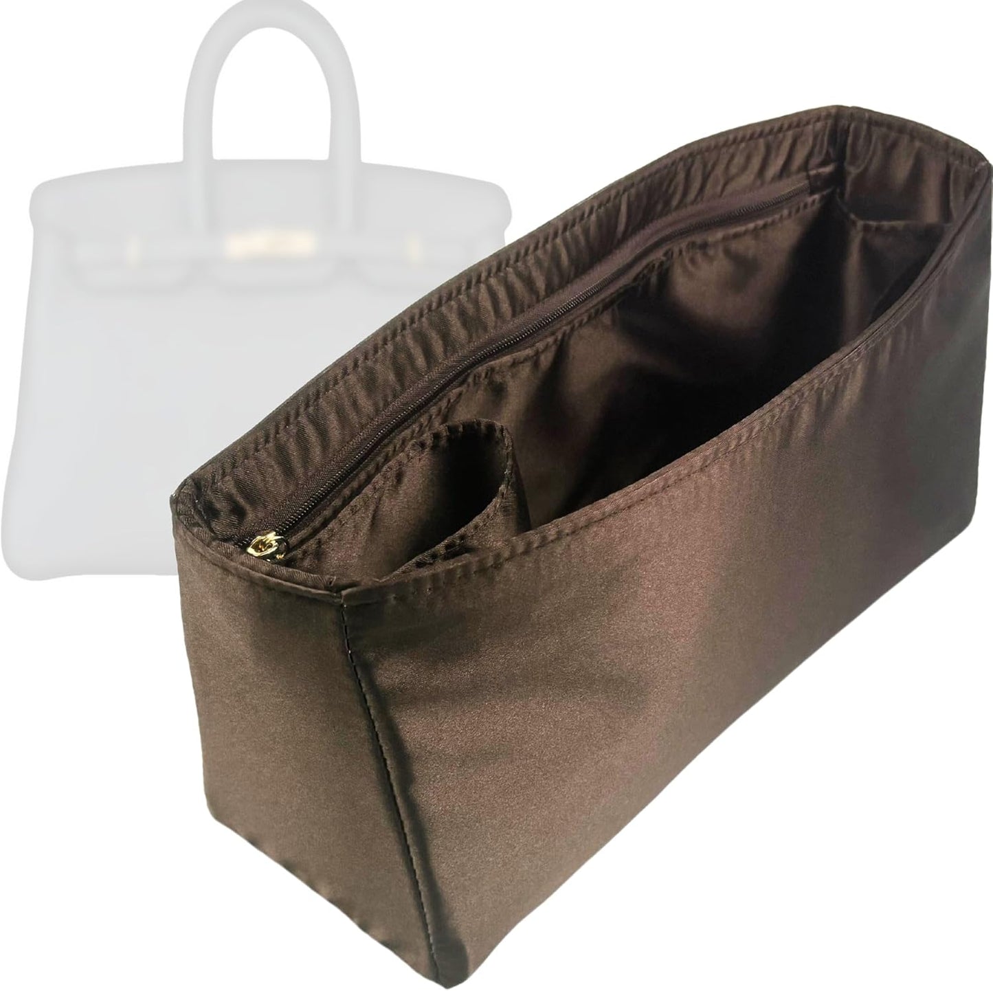 Satin Organizer for Birkin Bags with Zipper Pocket - Espresso