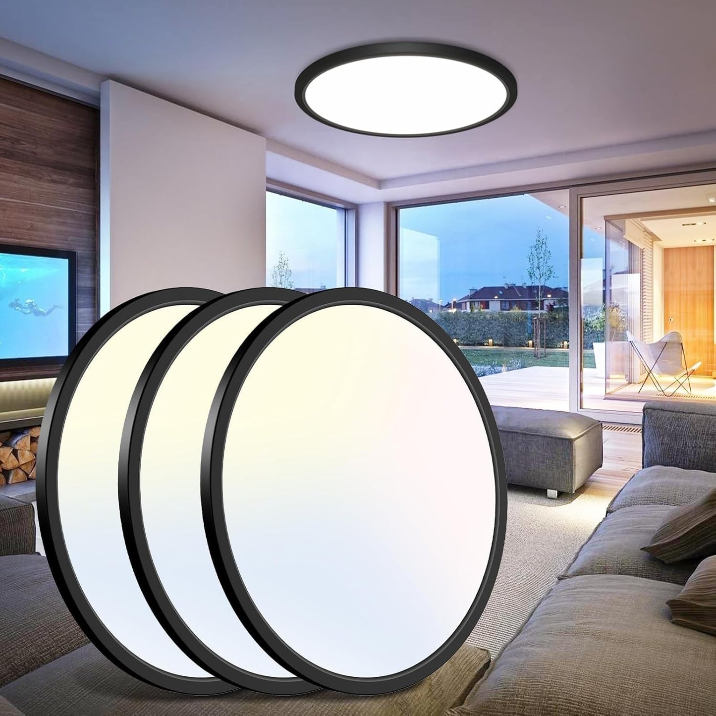 16.5 Inch Black Flush Mount Ceiling Light - 3 Pack Brightness