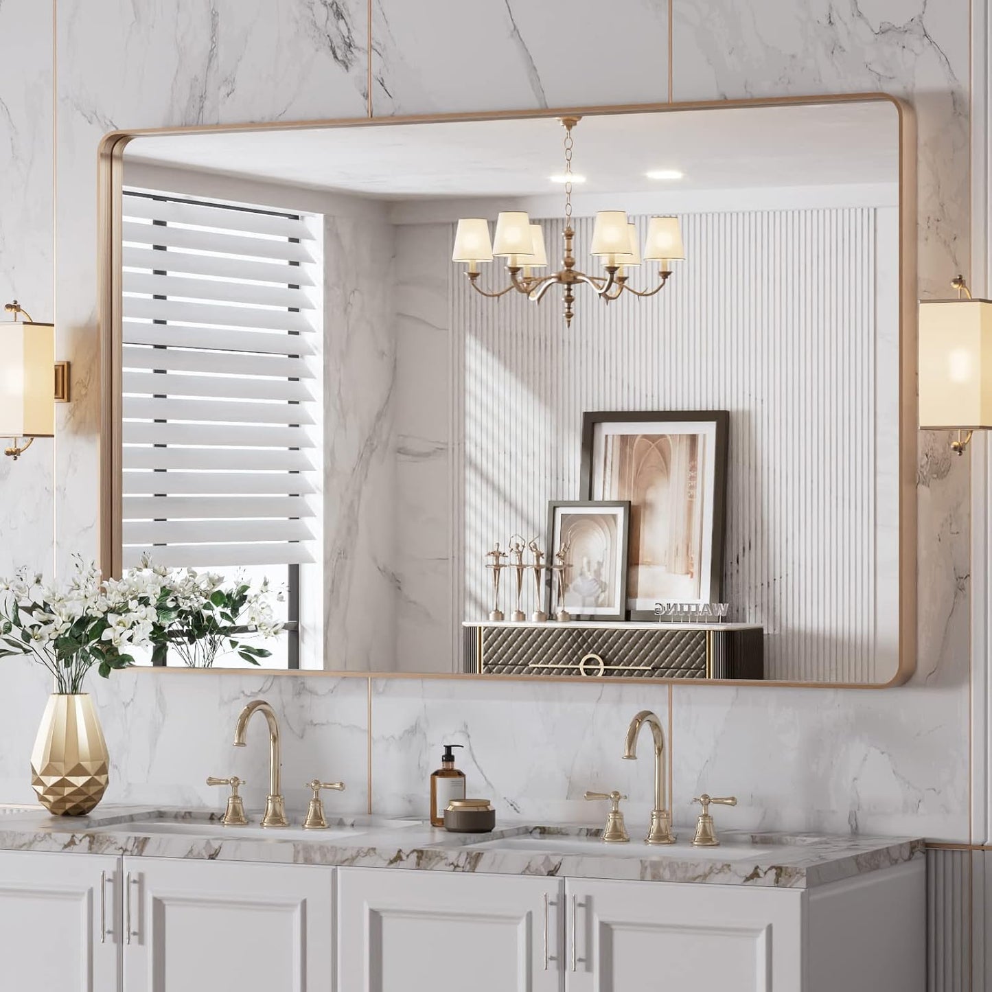 LOAAO 48X30 Gold Bathroom Mirror with Rounded Rectangle Frame