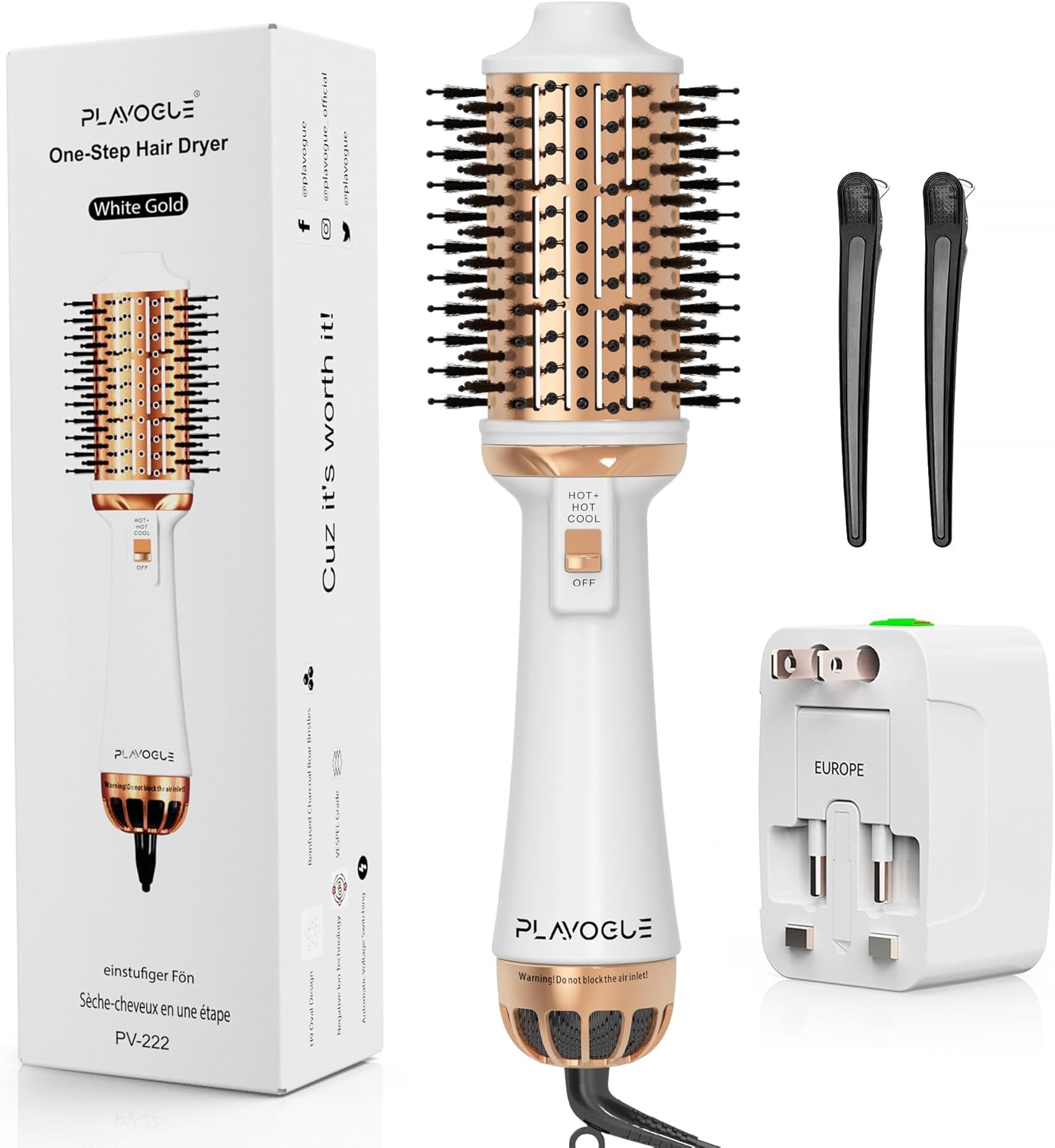 PLAVOGUE Dual Voltage Volumizer Brush - Ionic Anti-Frizz