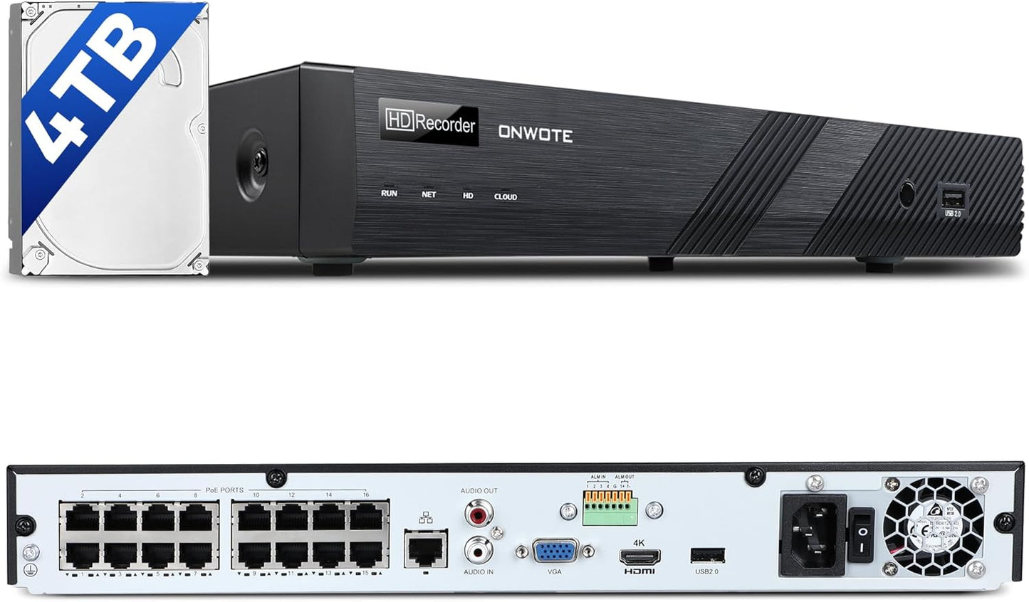 ONWOTE 6K 12MP 16 Channel PoE NVR with 4TB HDD Included