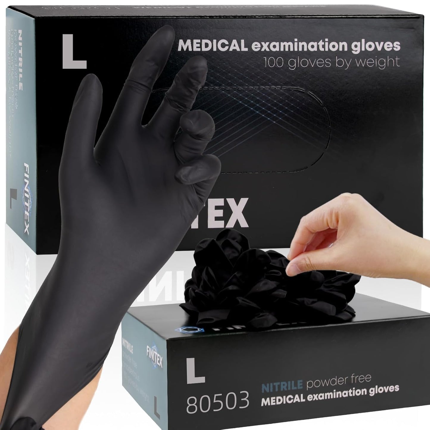 FINITEX 5mil Black Nitrile Gloves - Latex-Free & Powder-Free - 100 PCS Large
