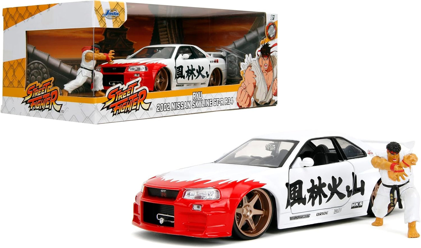 Capcom Licensed Jada Street Fighter 2002 Nissan Skyline GTR with Ryu Figure 1:24 Die-Cast