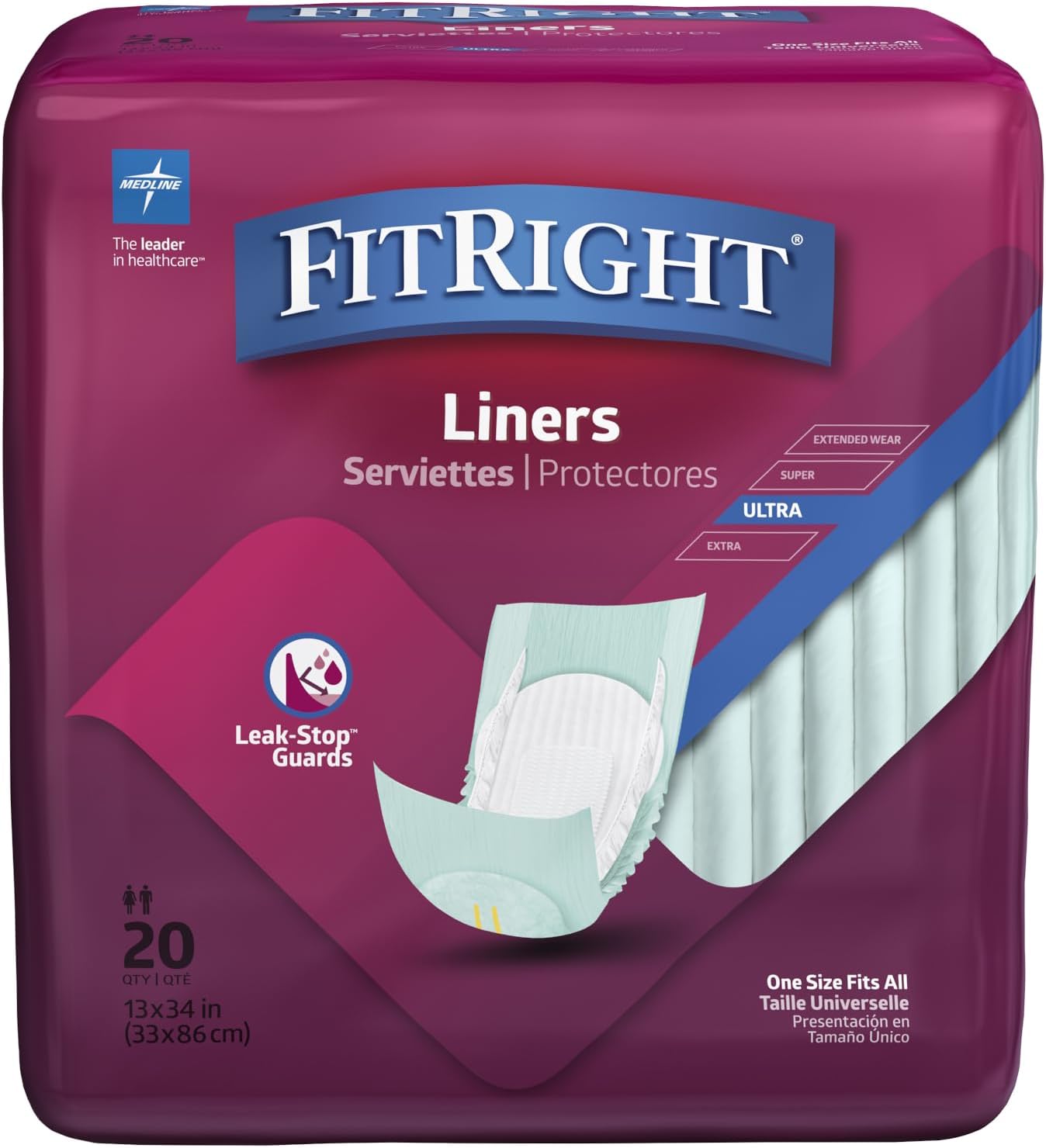 Medline FitRight Adult Incontinence Liners - 20 Pack, Maximum Absorbency