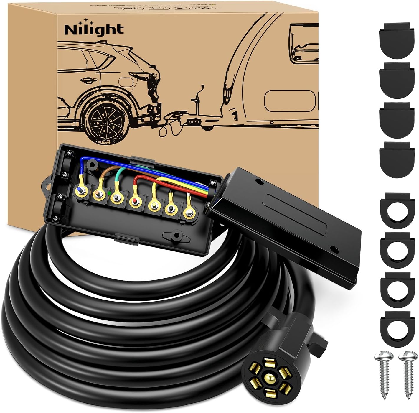 Nilight Heavy Duty 7 Way Inline Trailer Plug with Junction Box
