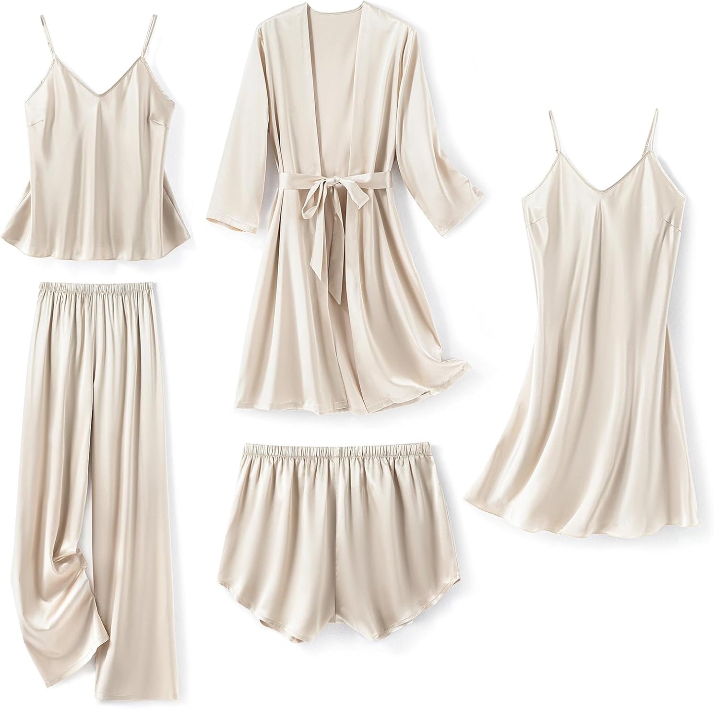 Luxurious Silk Pajamas for Women 5Pcs Satin Sleepwear Set