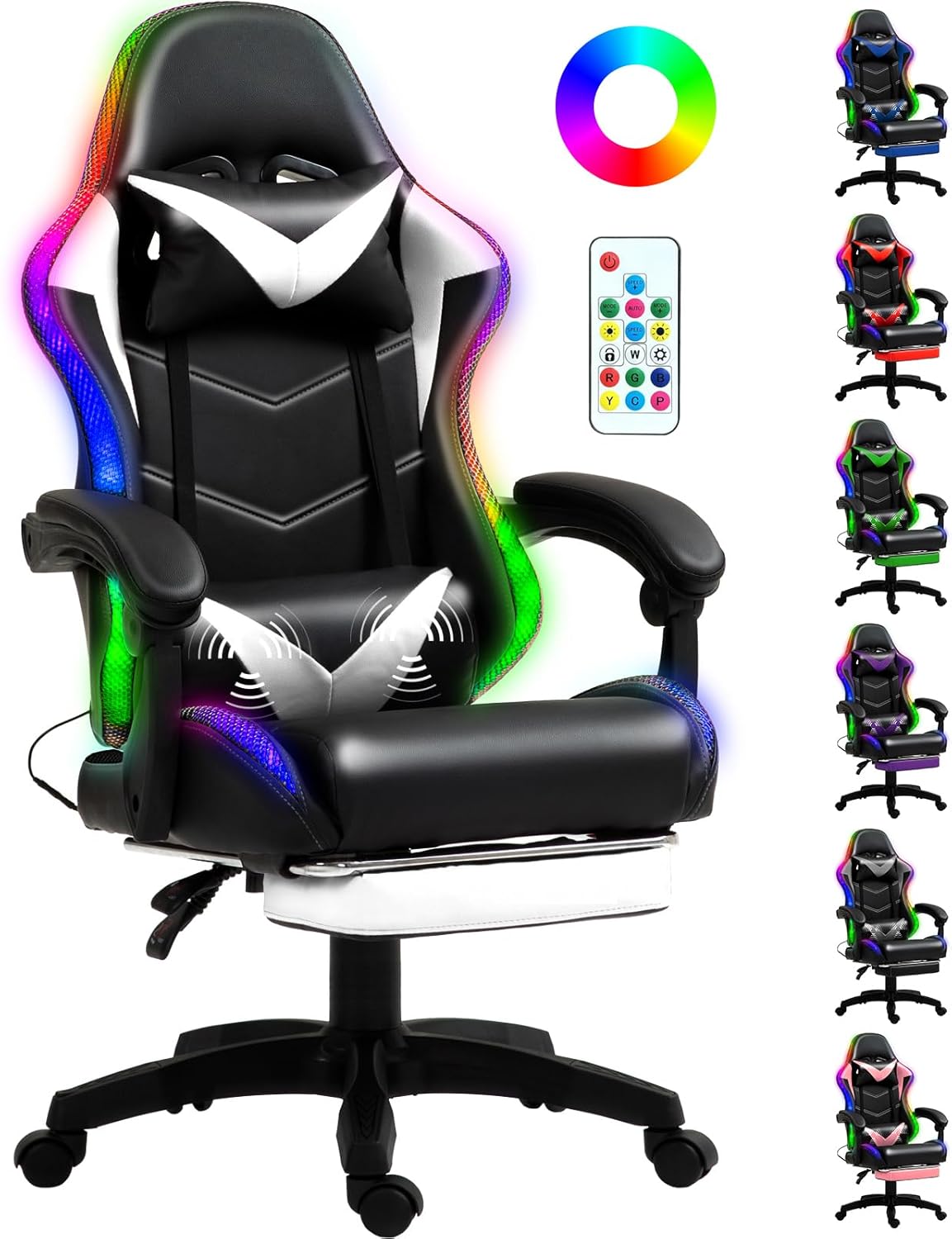 RGB LED Lights Gaming Chair with Lumbar Massager for Comfort