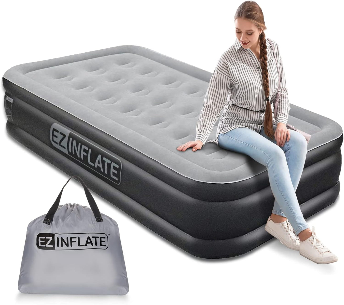 EZ INFLATE Twin Size Air Mattress with Built in Pump for Travel