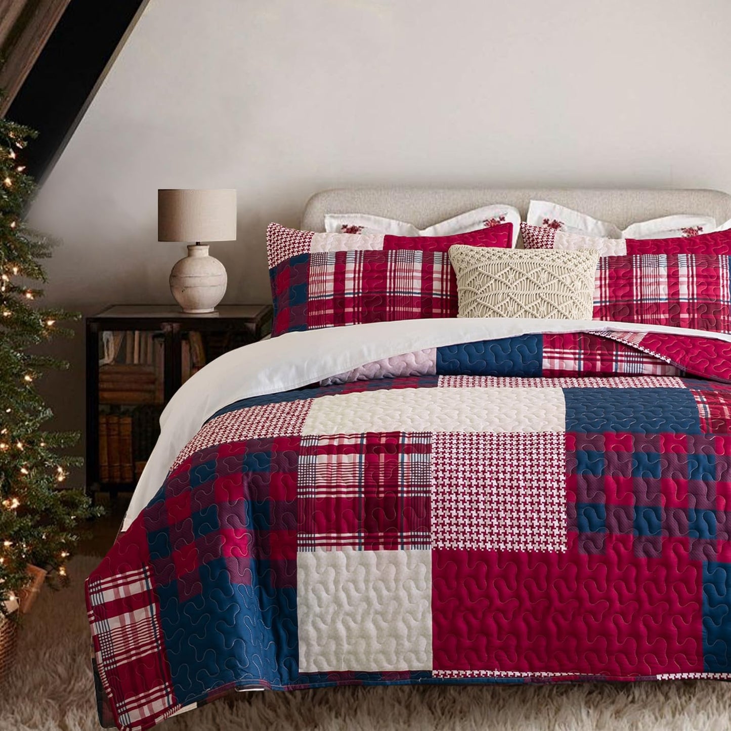 DURLENGEN White Quilt Set 3Pcs for Cozy Rustic Bedroom Style