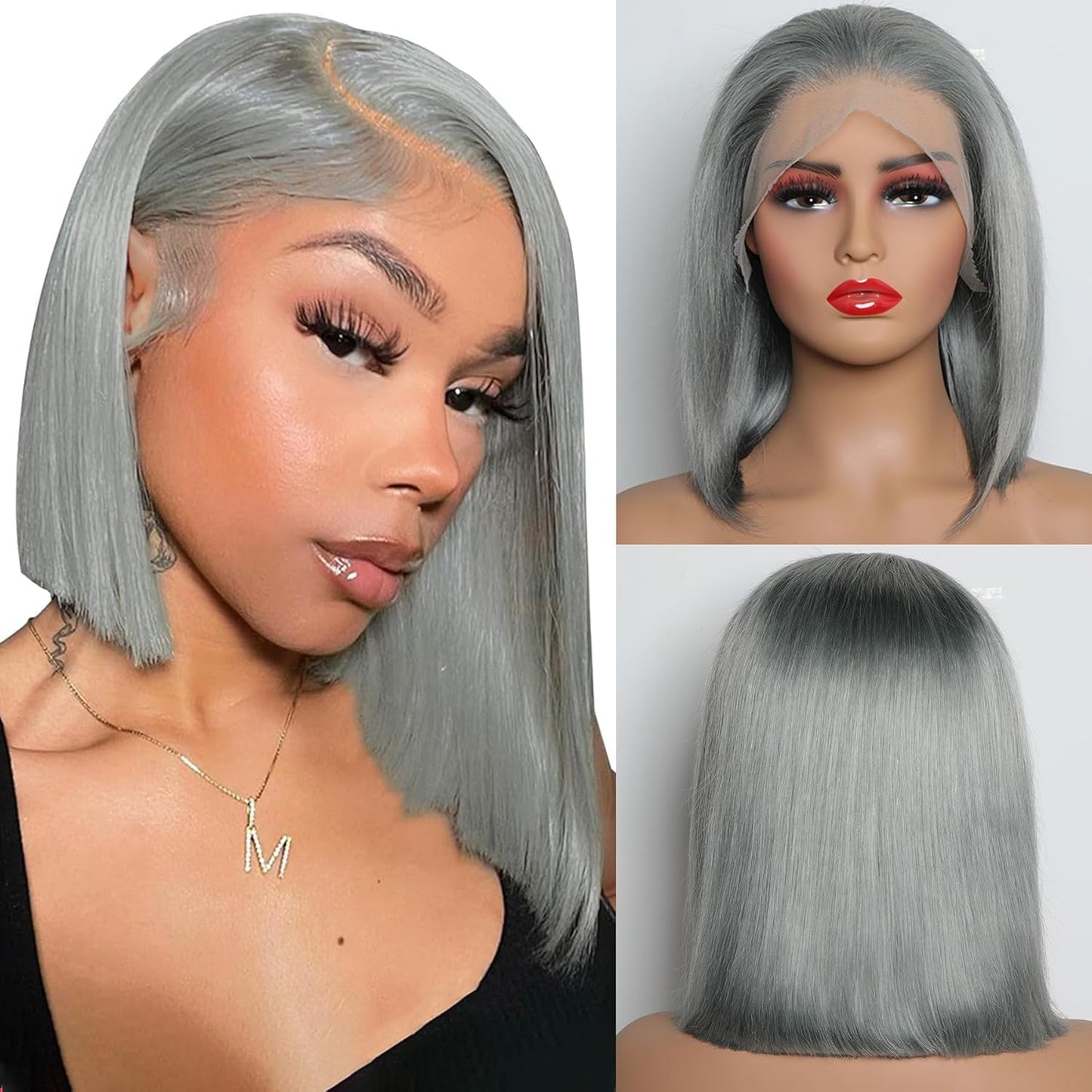 Grey Bob Wig Human Hair Glueless 13x4 Lace Front for Women