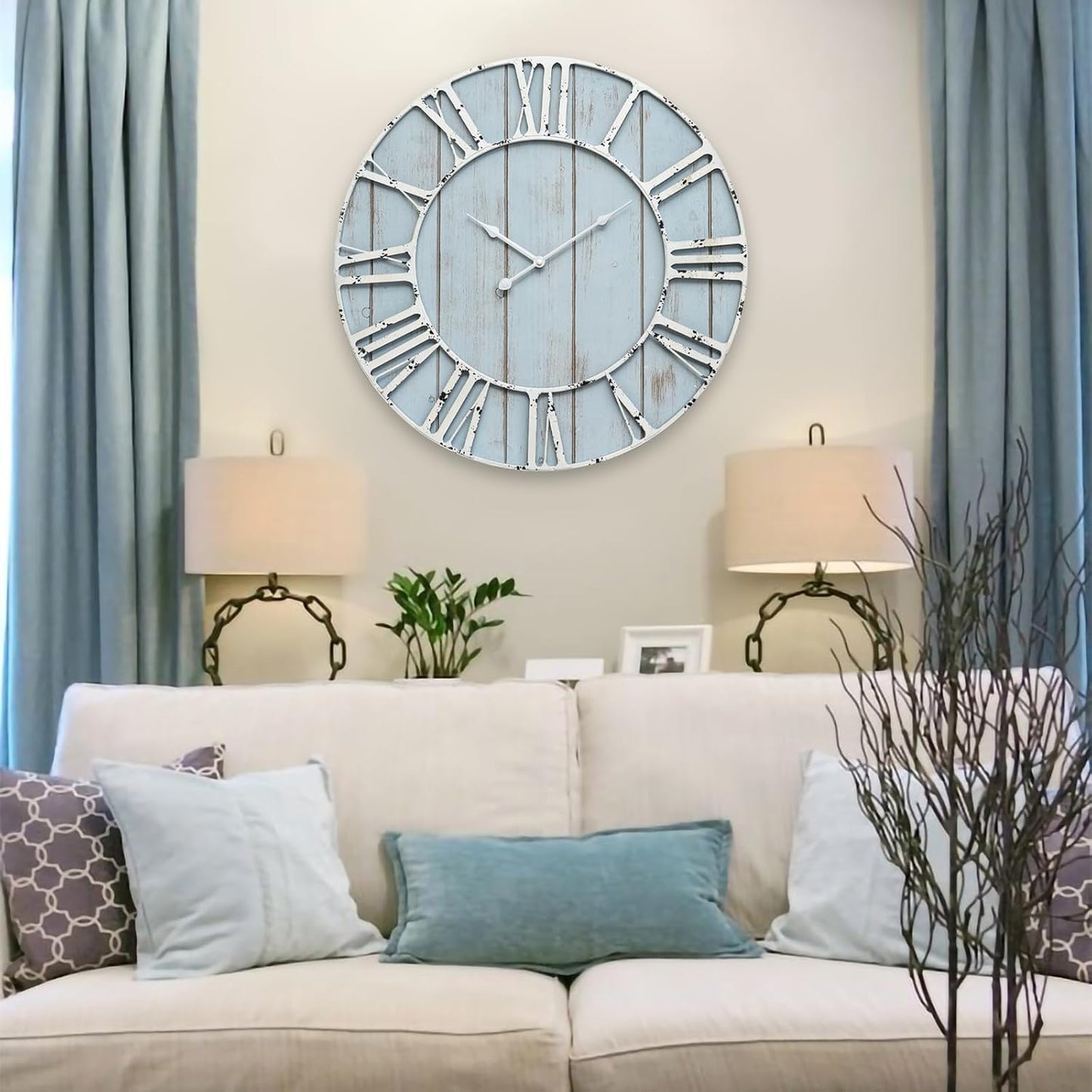 Large Farmhouse Wall Clock 24 Inch Vintage Blue Wooden Design