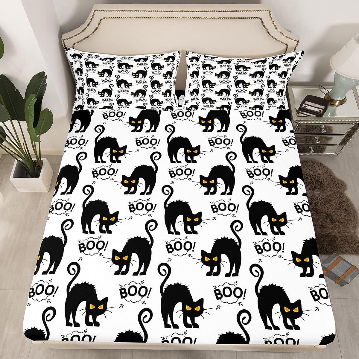 Cute Black Cat Pattern Bedding Set for Kids Halloween Decor