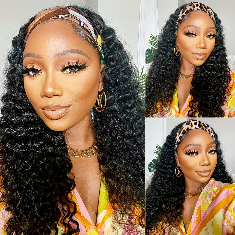 Headband Wig Human Hair 14 Inch Curly Deep Wave Natural Color