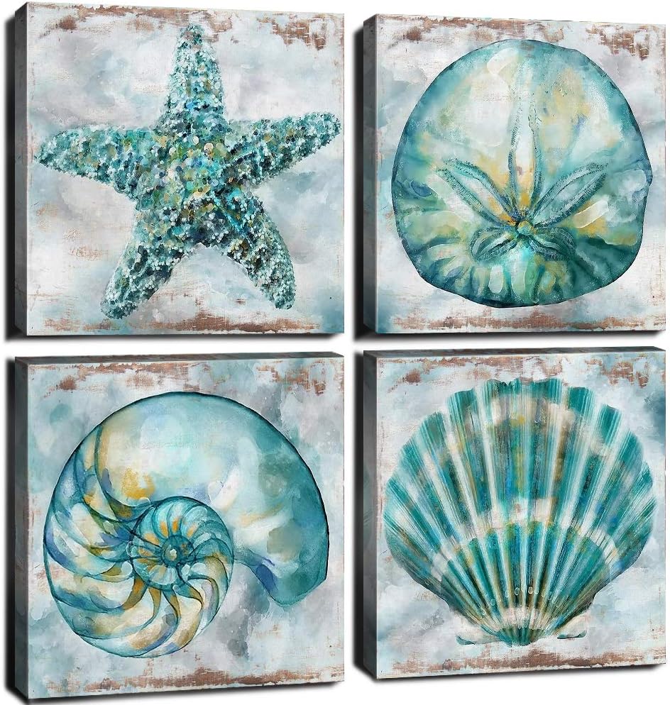 Teal Conch Canvas Wall Art Set for Rustic Beach Decor