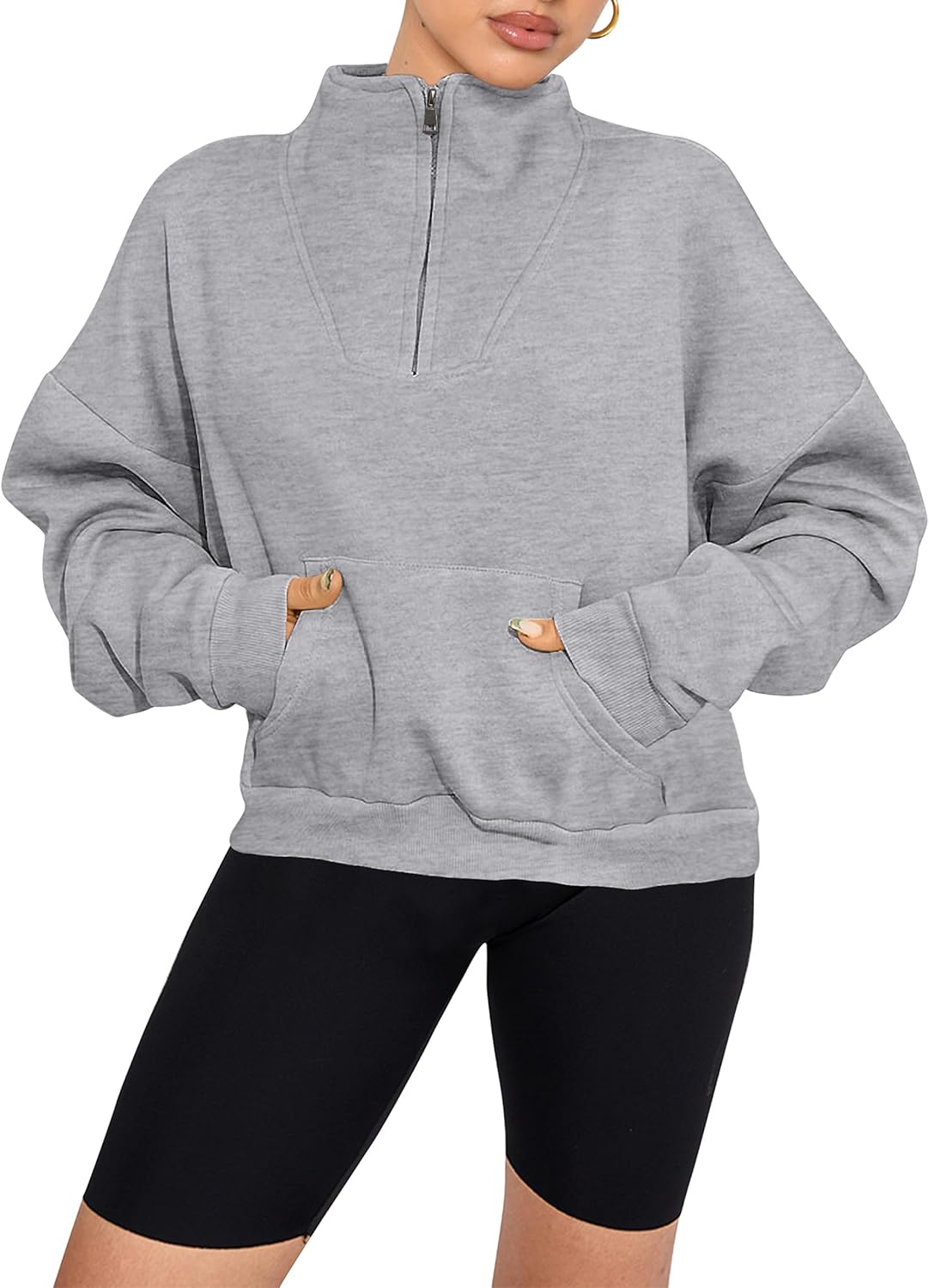 PRETTYGARDEN Womens Quarter Zip Long Sleeve Cropped Sweatshirt