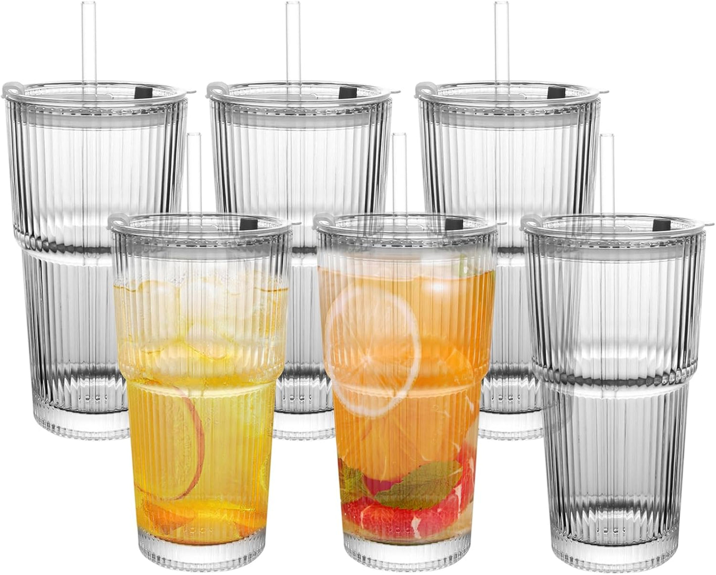 20oz Ribbed Drinking Glasses with Lids and Straws for All Uses