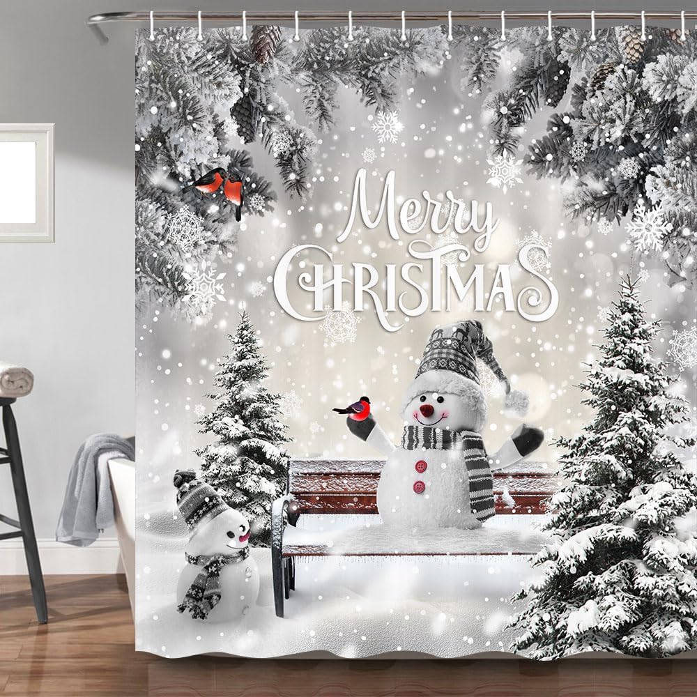Xmas Winter Forest Snowman Shower Curtain Set